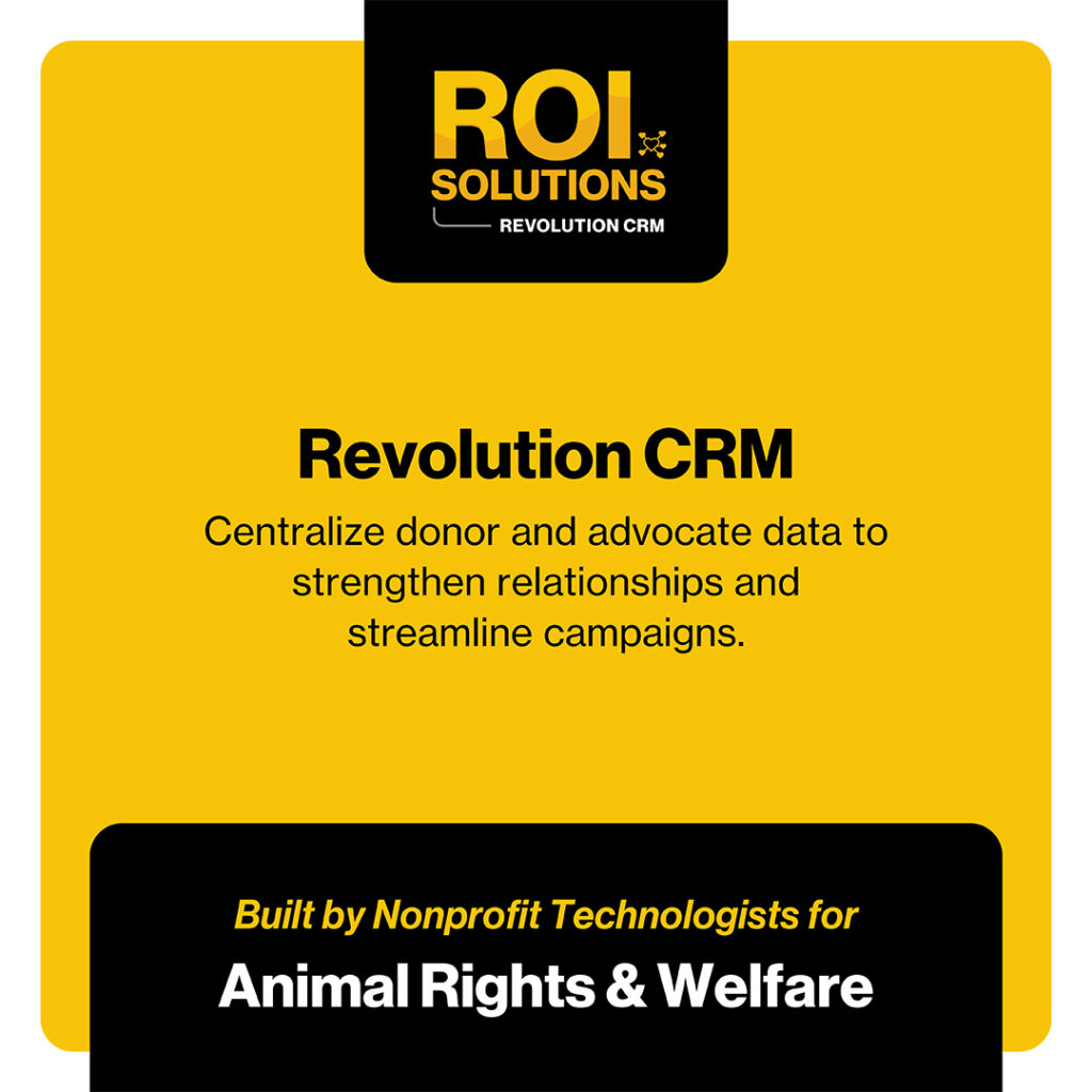 Gold Revolution CRM card for animal rights and welfare, centralizing donor and advocate data under the badge.
