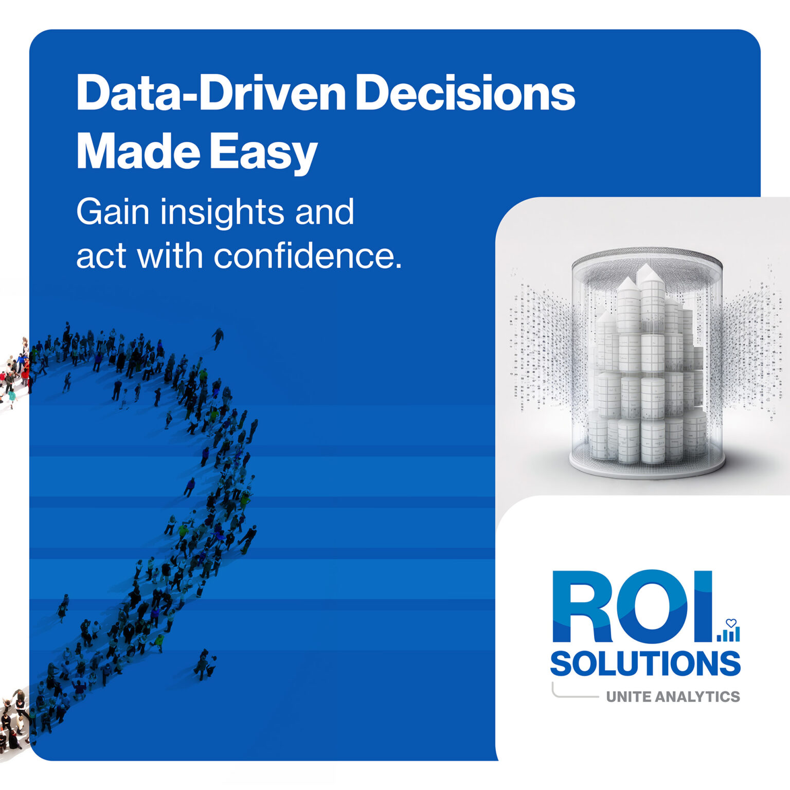 Blue Unite Analytics ad headlined Data-Driven Decisions Made Easy, the domed data city beside a marching crowd line.