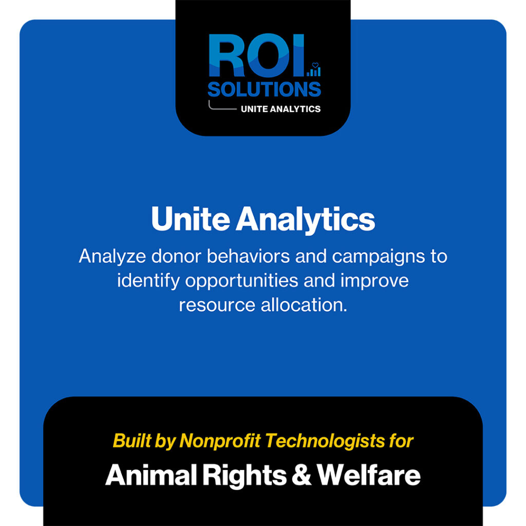 Blue Unite Analytics card for animal rights and welfare, analyzing donor behavior between badge and black banner.