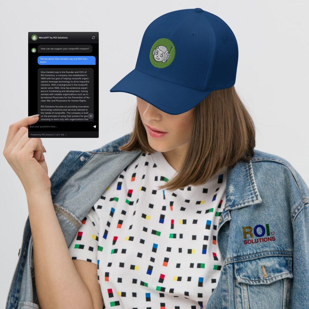 Model in a MiLo cap and pixel-print tee beside the MariaGPT chat panel answering a question about the company.
