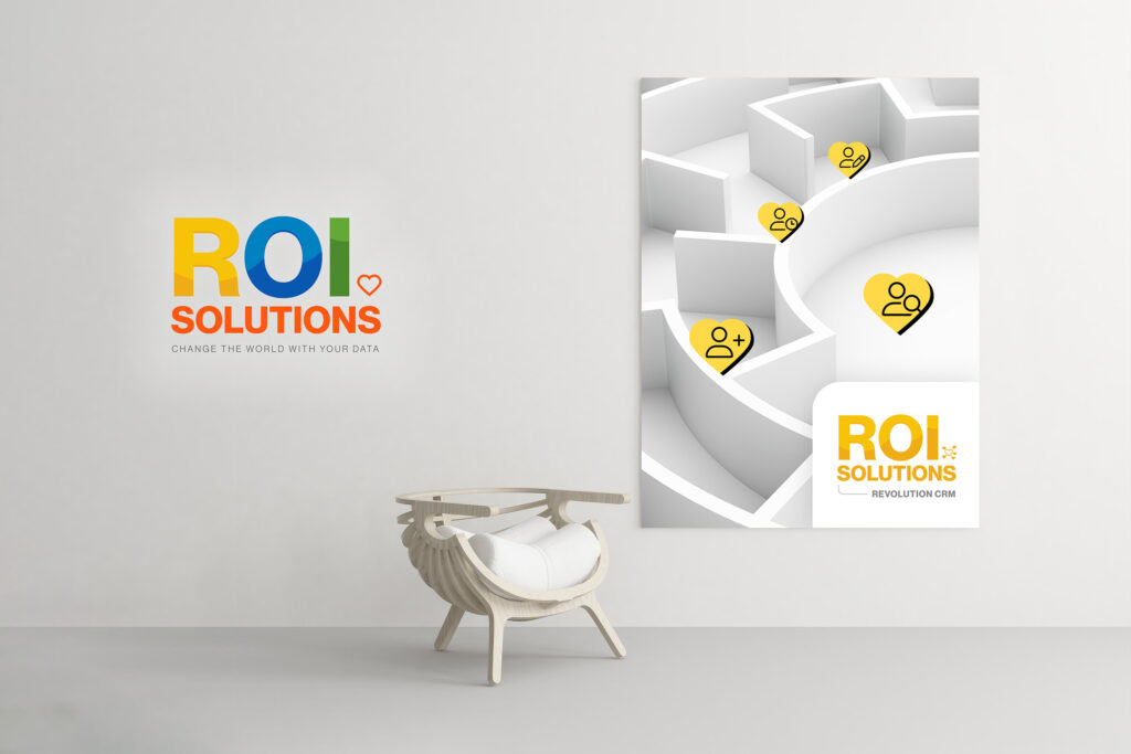 Virtual meeting backdrop with the logotype beside a white maze poster dotted with yellow figures, a woolly chair below.