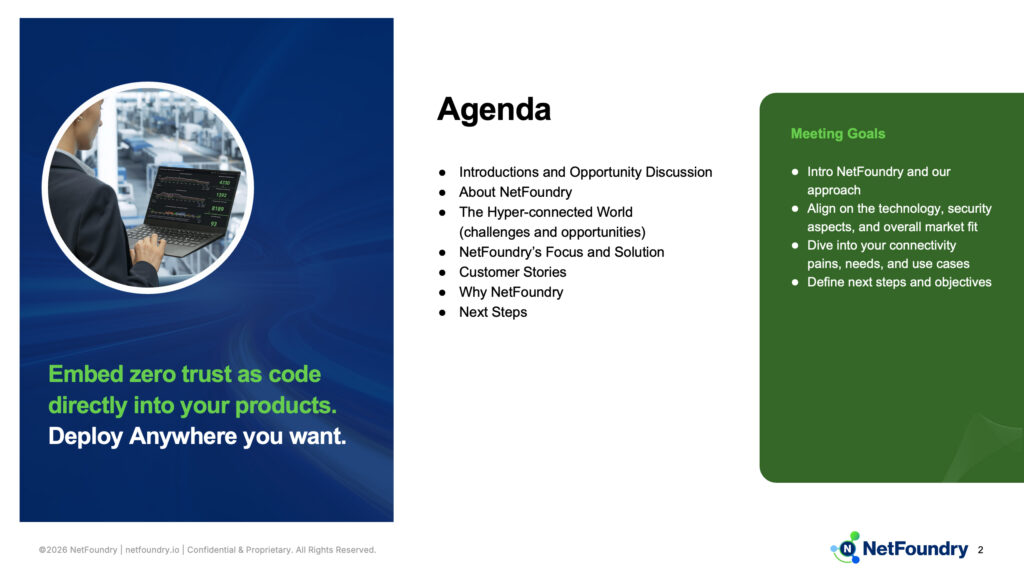 Agenda slide with meeting goals panel, embed zero trust as code directly into your products on the navy card.
