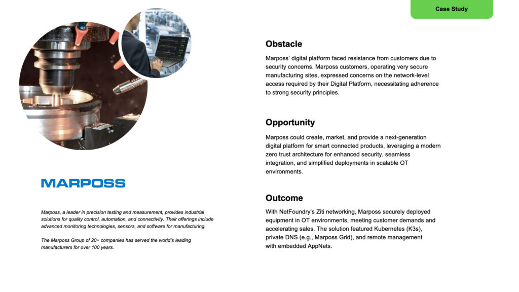 Marposs case study slide, precision machinery photographs in circles above the obstacle, opportunity, and outcome columns.