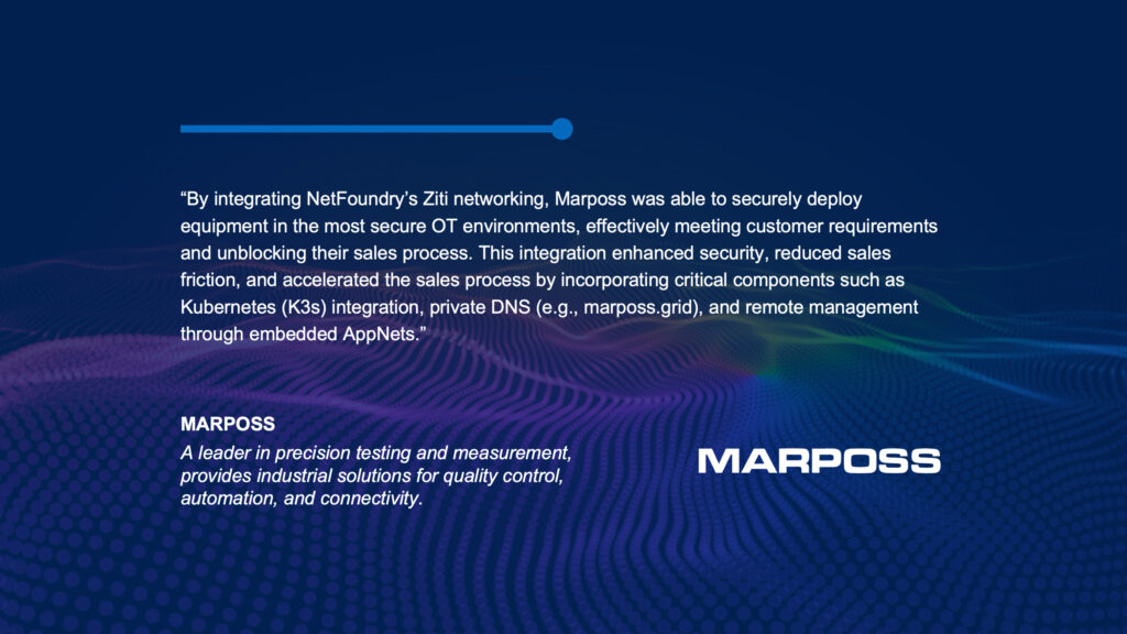 Navy quote slide from Marposs on Ziti networking unblocking sales in secure OT environments, particle wave below.