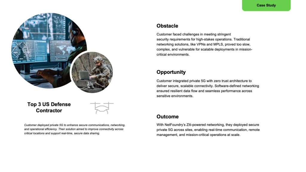 Defense contractor case slide, command-center and field photos above private 5G obstacle, opportunity, and outcome columns.