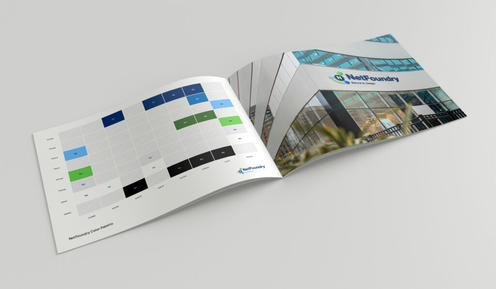 Spread mapping palette usage proportions in a swatch grid beside a photograph of branded building signage.