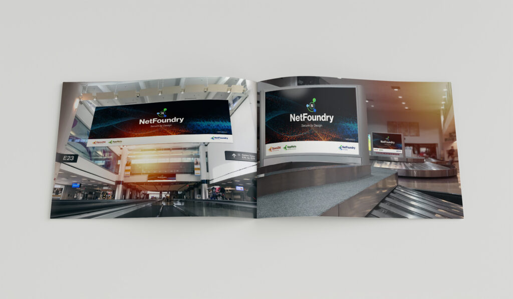 Spread of airport environment mockups, NetFoundry billboards glowing over a terminal concourse and baggage claim.