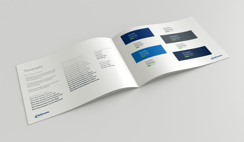 Typography spread showing the Neue Haas Grotesk scale beside button and panel components in blues and greens.