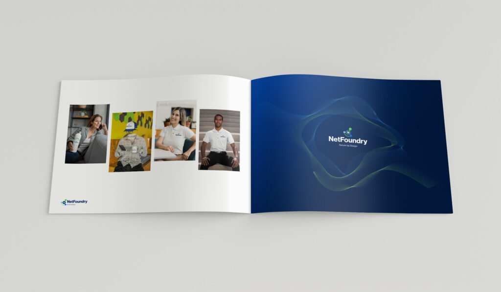 Spread pairing casual team photography with the navy wave-lines brand graphic carrying the reversed logo.