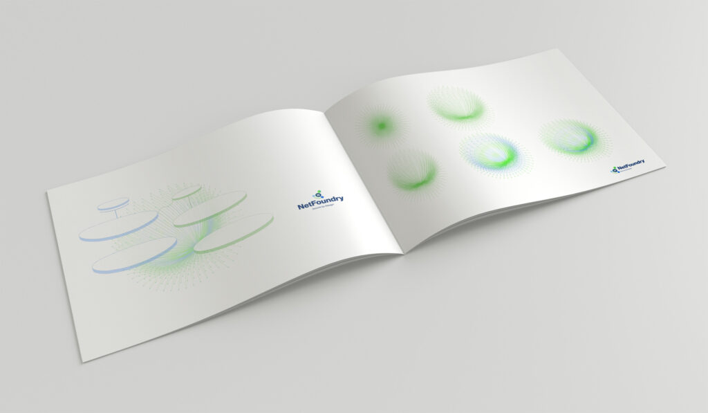 Spread of the identity artwork system, dotted network orbs and layered platform rings drawn in blue and green.