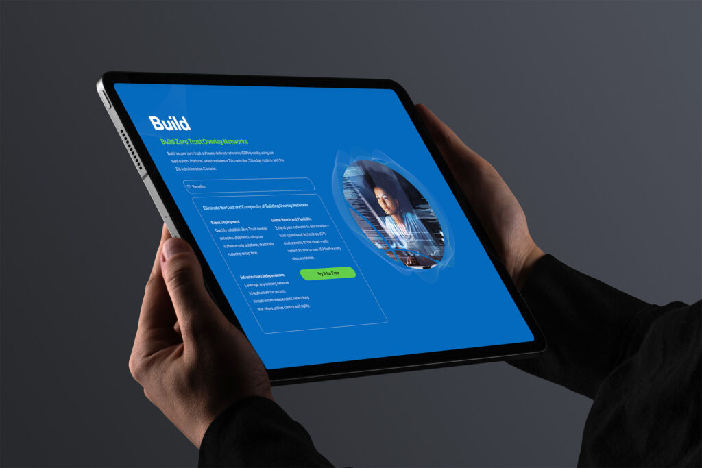 Hands hold a tablet showing the blue Build page for zero trust overlay networks, an engineer circle beside the checklist.