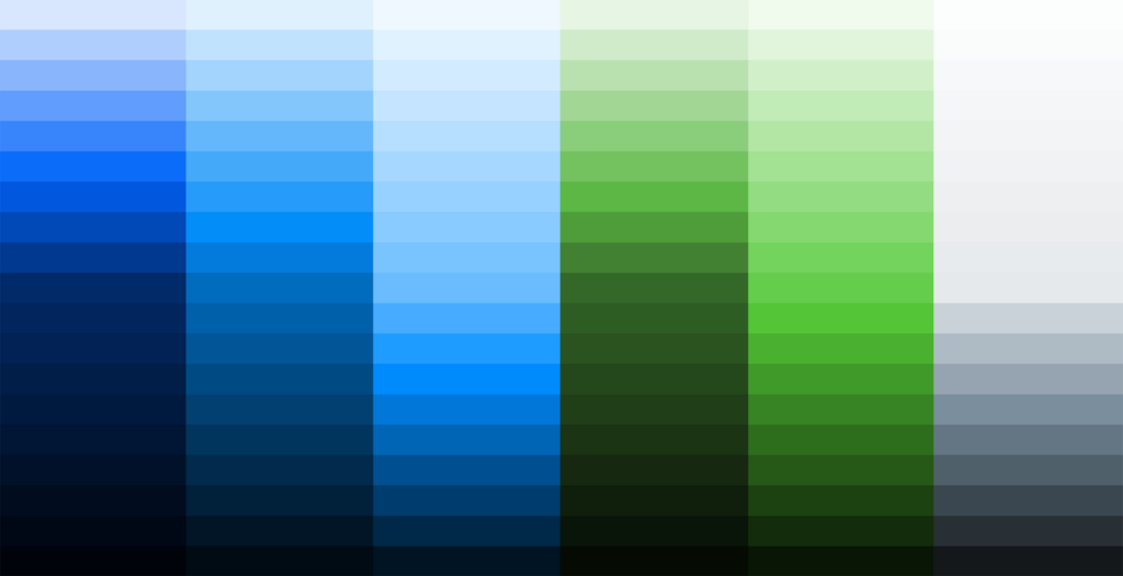 Six tint-ladder columns stepping two blues, a pale blue, two greens, and gray from light washes to near black.