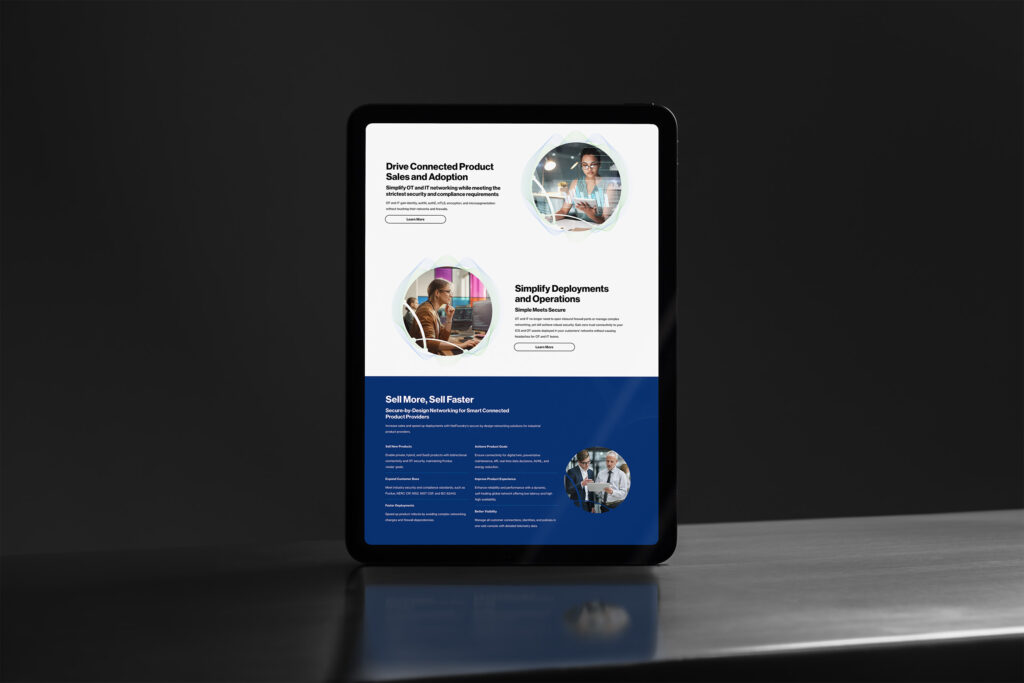 Tablet standing on steel showing the connected product sales page, circular team photos beside Sell More Sell Faster.