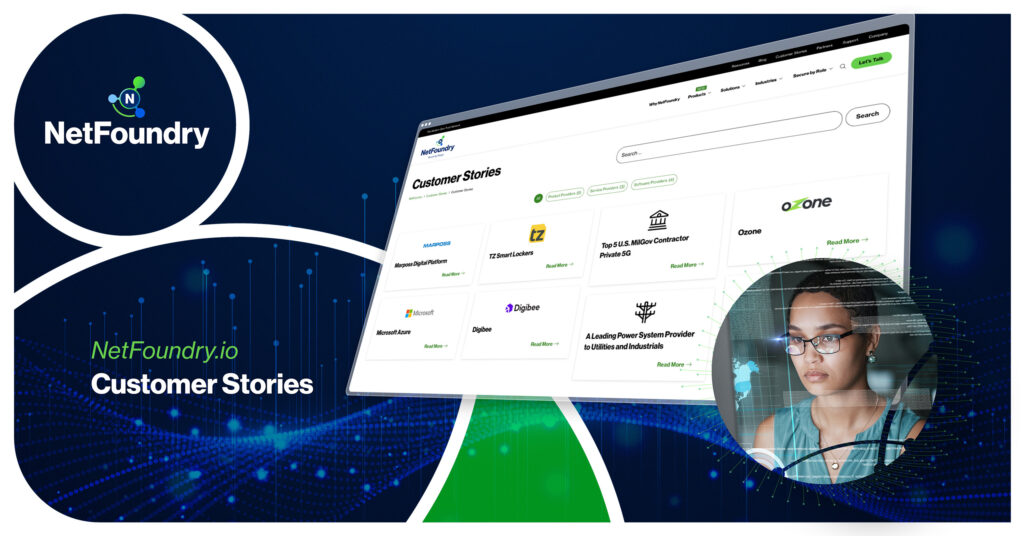 Customer stories screen tilted over the network graphic, client logo cards beside an analyst in circular frame.