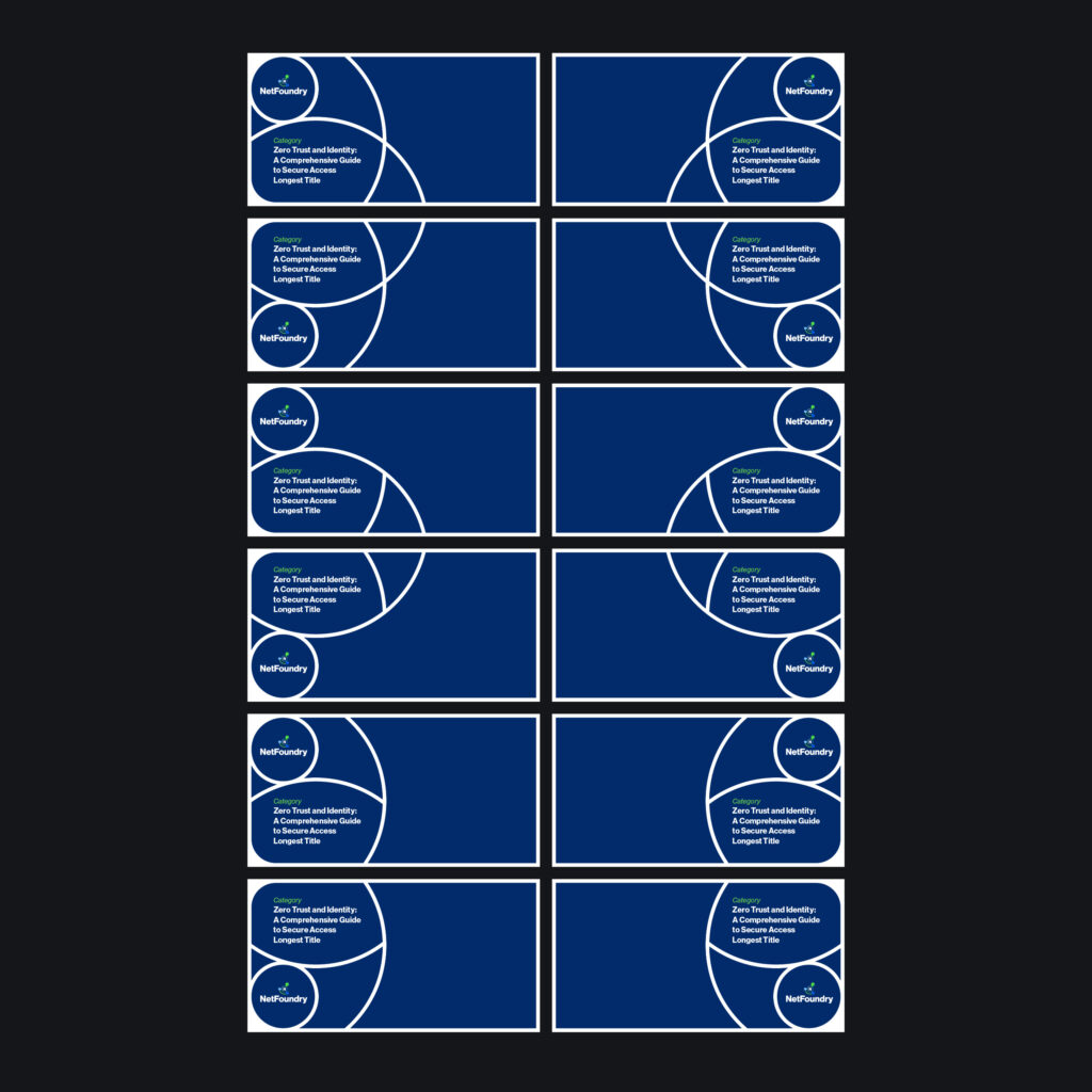 Twelve navy feature card layouts in a grid, logo circles and headline blocks shifting position across each variant.