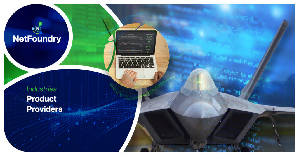 Fighter jet nose over cascading code with a laptop coder circle beside the Industries Product Providers headline.