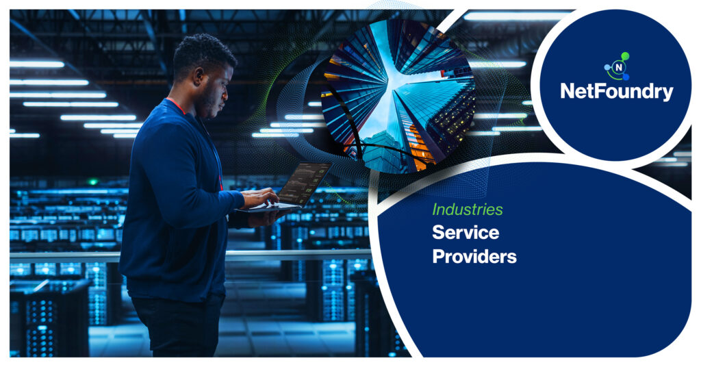 Engineer with a laptop walking a dark server aisle beside the Industries Service Providers headline circles.