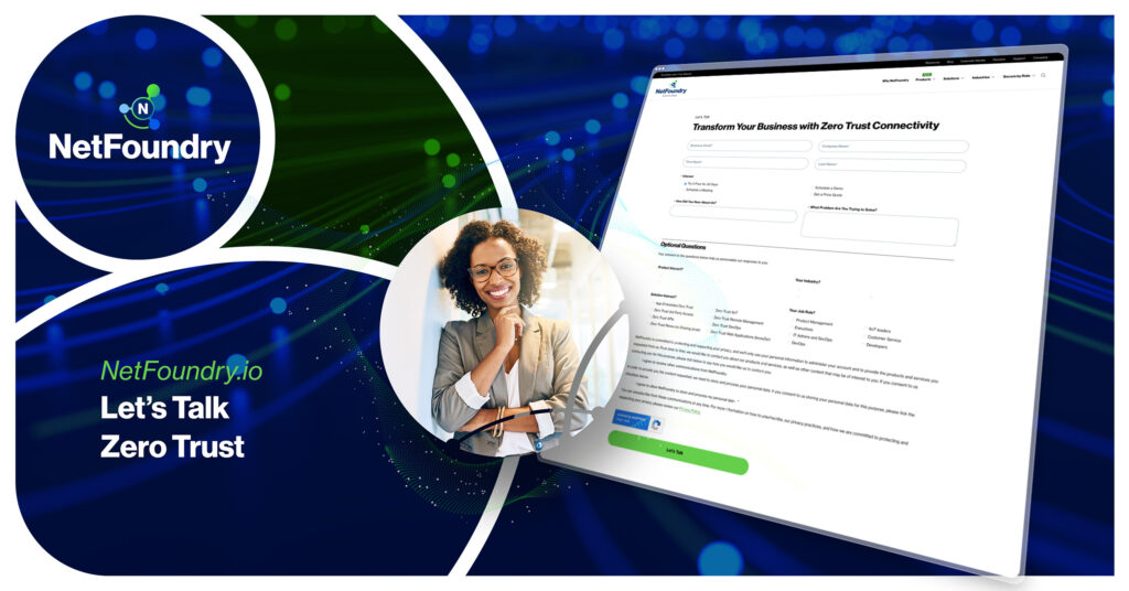 Zero trust contact form tilted over green and navy particle streams beside the Lets Talk Zero Trust headline.