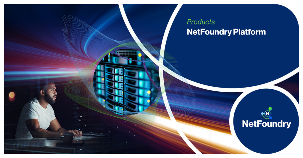 Server rack in a circular frame over streaking light trails beside the Products NetFoundry Platform headline.