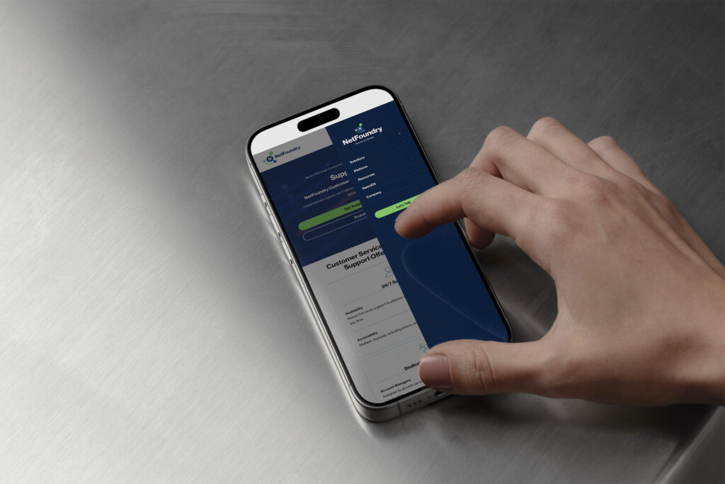 Finger taps the mobile support menu over the customer service page, green buttons stacking under the logo.