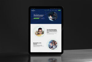 Tablet standing in low light showing the Why NetFoundry page, embeddable zero trust and Be Invisible on the Internet panels.