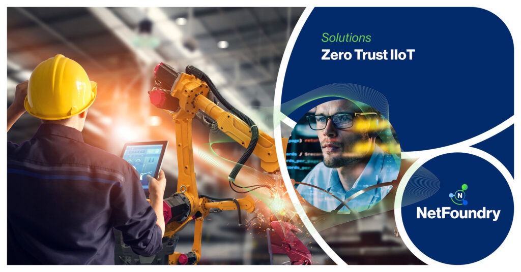Hard-hat engineer with a tablet beside a yellow robot arm under the Solutions Zero Trust IIoT headline.