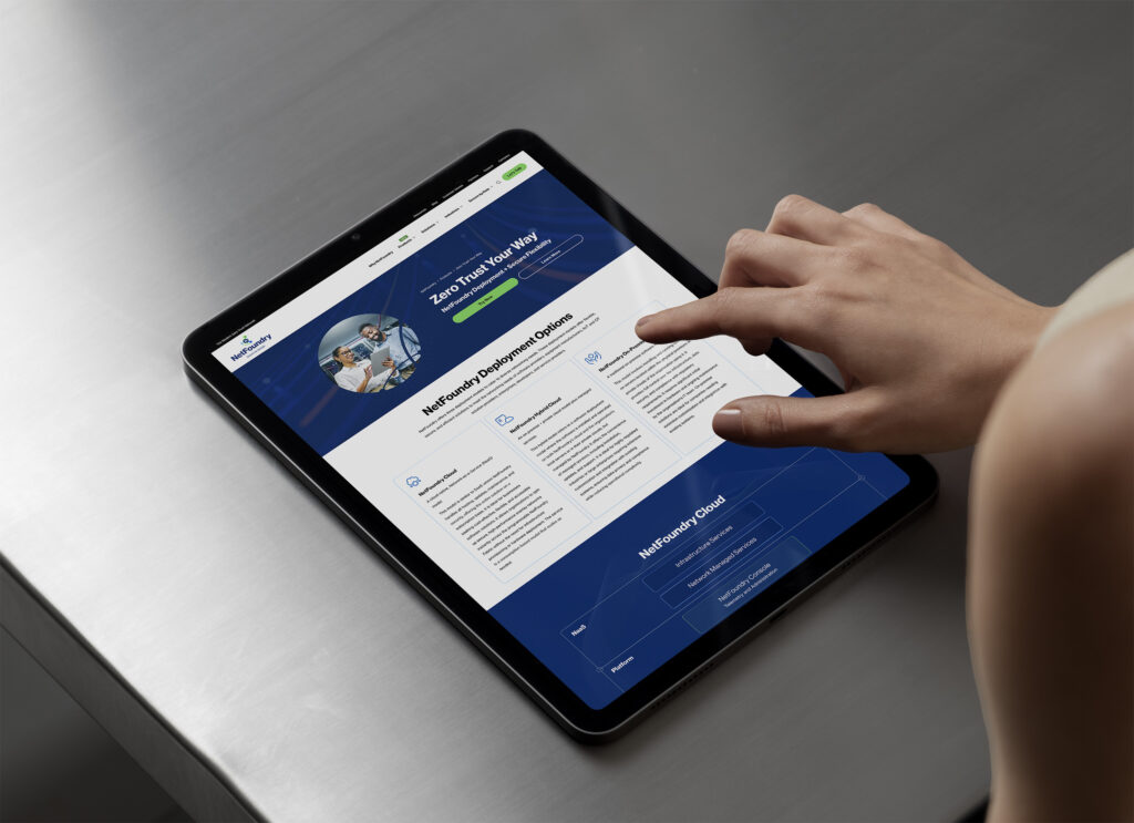 Finger scrolls the Zero Trust Your Way deployment options on a tablet, cloud details filling the navy panel below.
