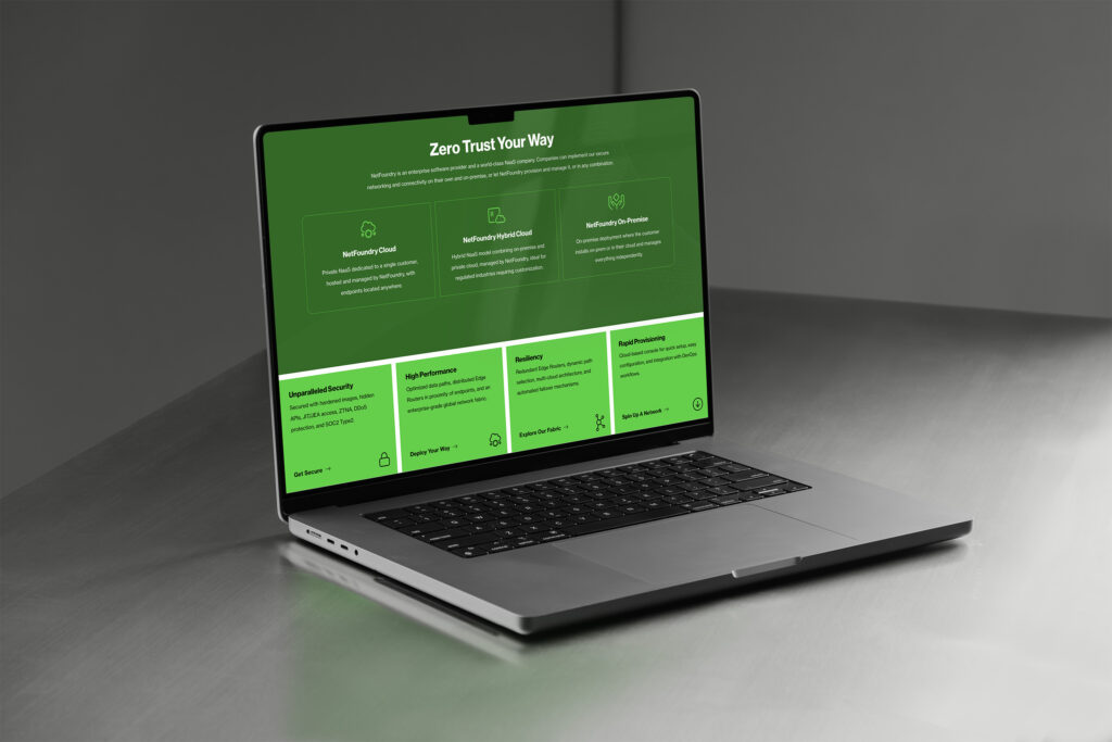 Laptop showing the green Zero Trust Your Way page, three deployment models above bright benefit tiles.