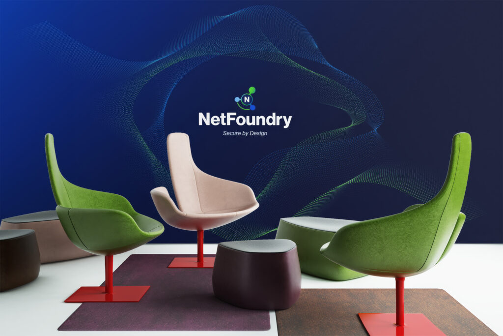 Virtual meeting backdrop of green sculpted chairs before a navy wall traced with the wave-lines network graphic.
