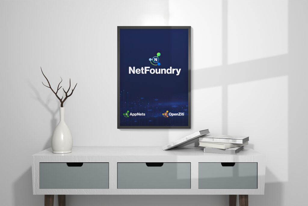 Virtual meeting backdrop of a navy brand poster with AppNets and OpenZiti marks framed above a white sideboard.