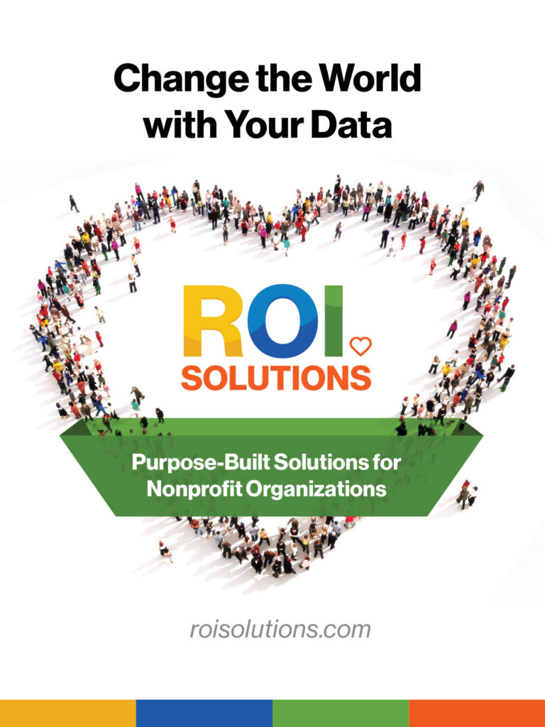 Full-page ad with the crowd heart around the logo, a green Purpose-Built Solutions banner beneath Change the World with Your Data.