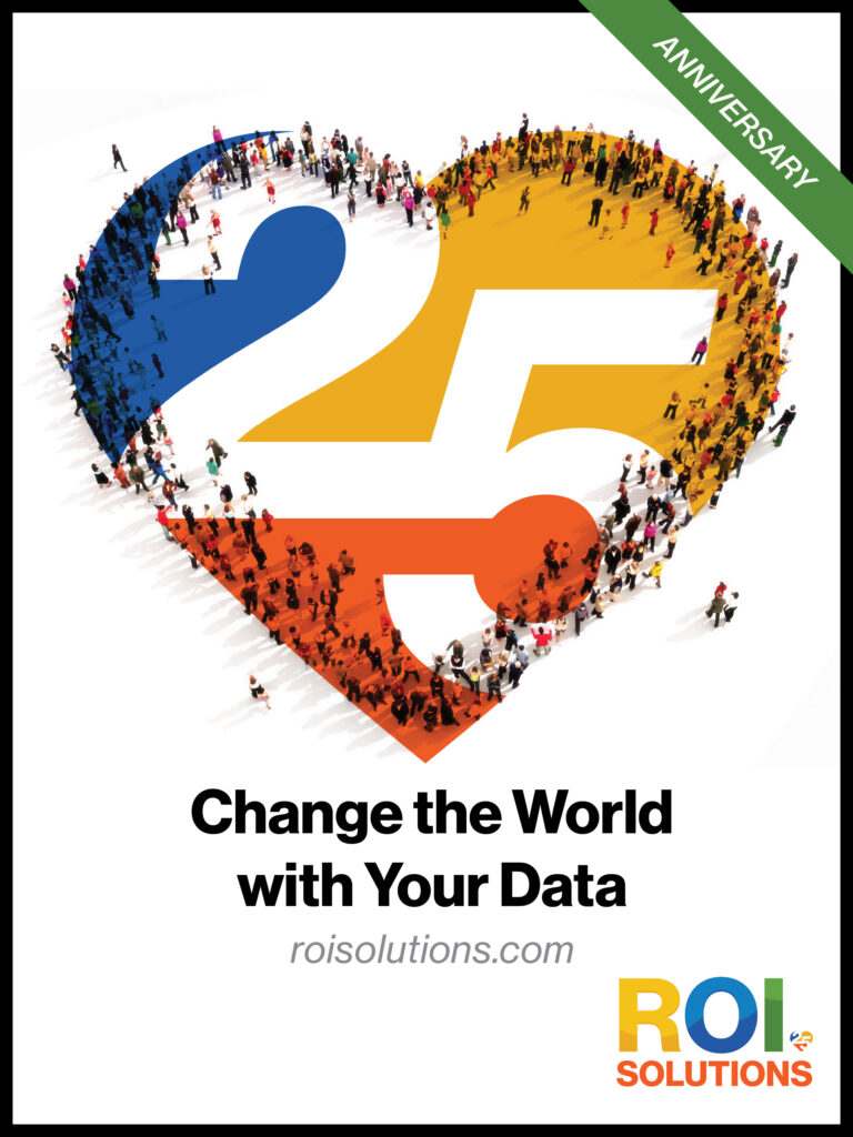 Anniversary ad with crowds gathered into the segmented 25 heart in blue, gold, and orange above the brand promise.