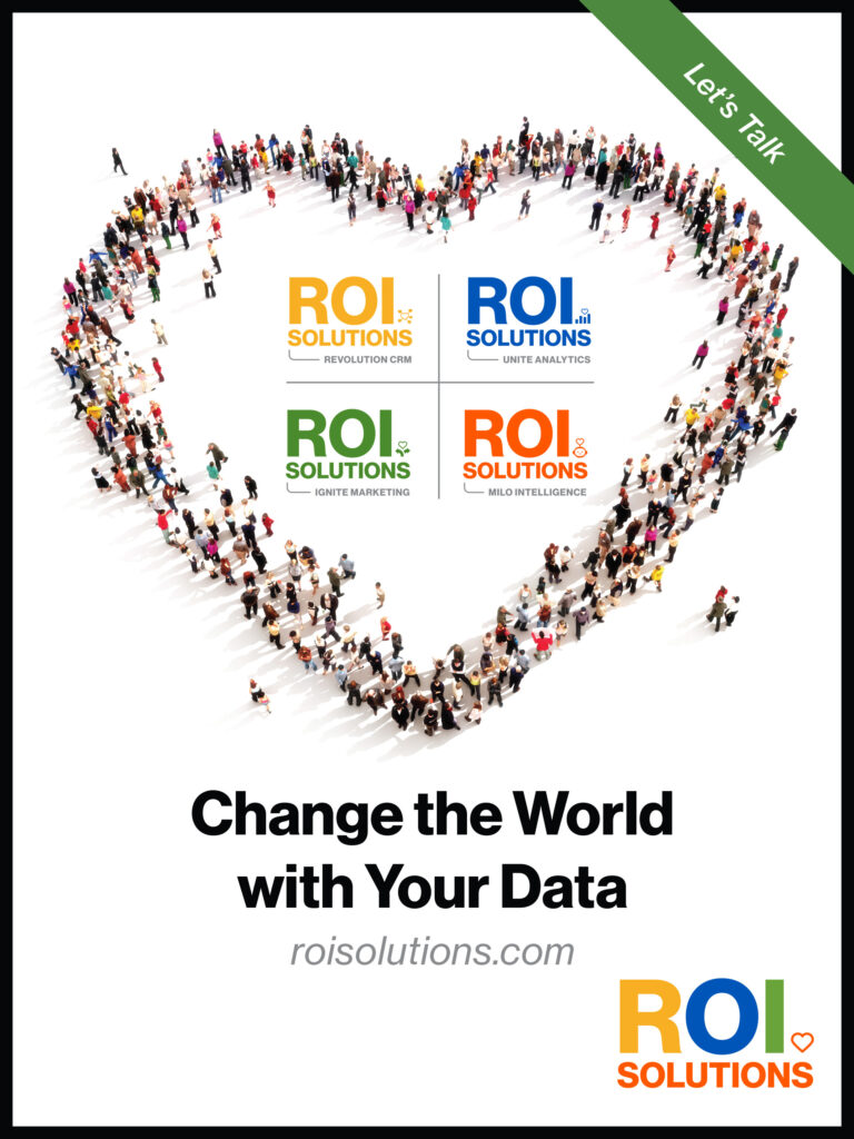 Lets Talk ad with the crowd heart enclosing all four product logos above Change the World with Your Data.