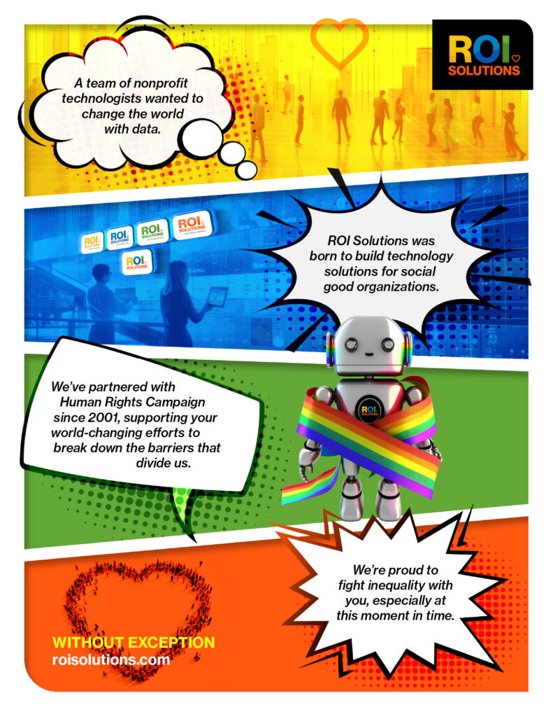 Comic-strip ad in halftone panels, the pride-scarf robot narrating the Human Rights Campaign partnership under Without Exception.