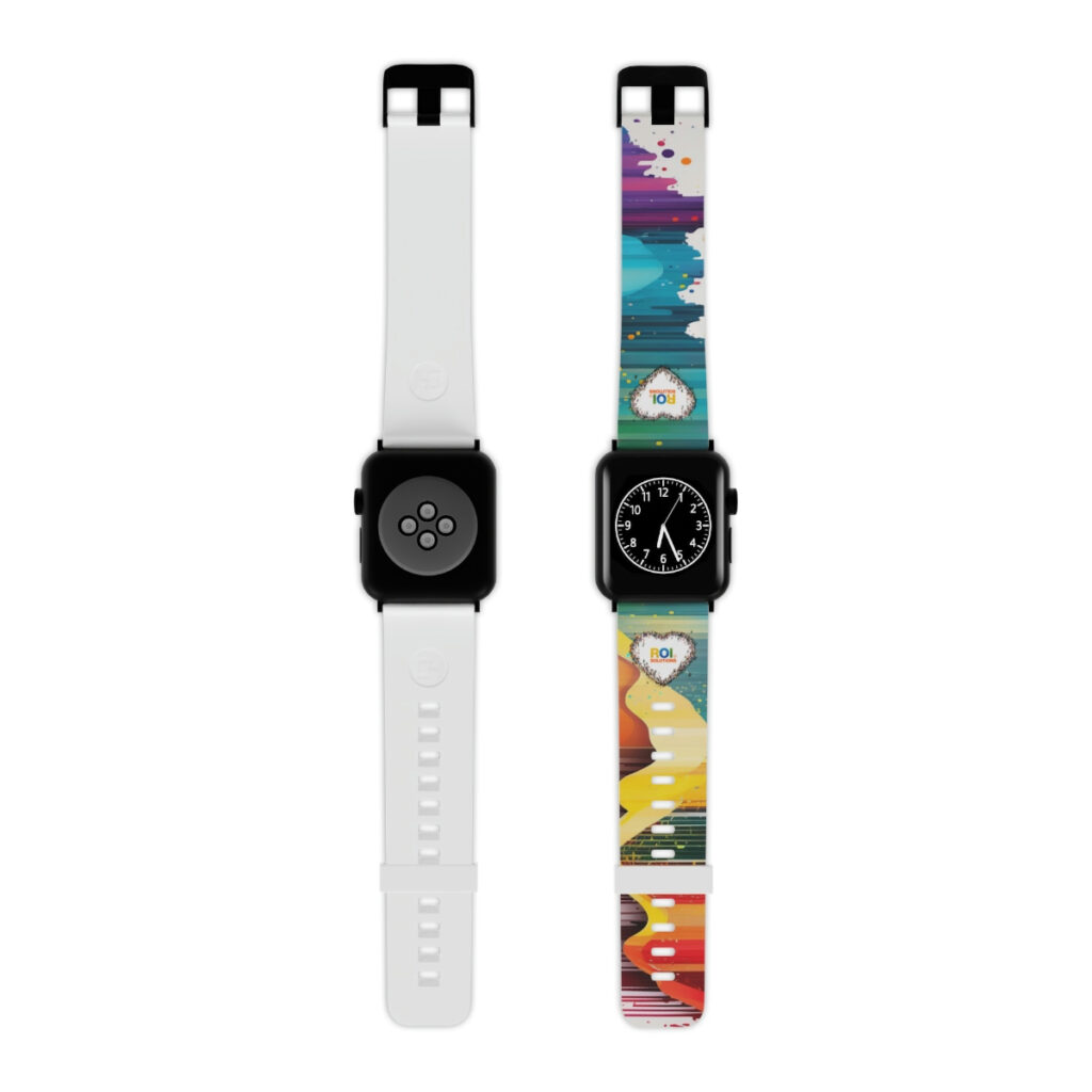 Apple Watch with black hardware on a band printed with rainbow streaks, the crowd heart at the clasp.