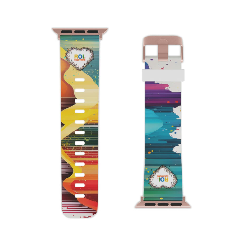 Rose gold Apple Watch band laid flat, rainbow paint streaks running the strap around the small crowd heart.