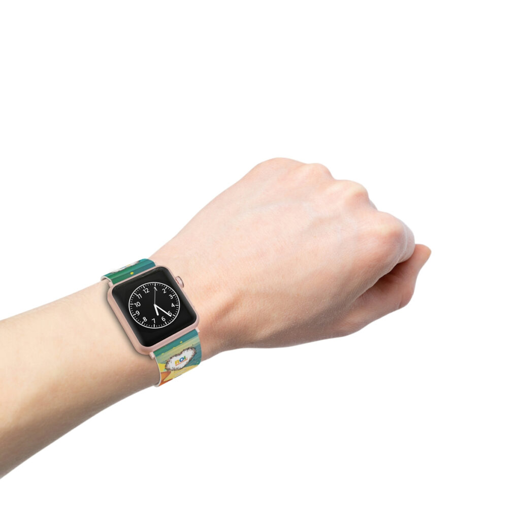 Wrist wearing the rainbow-streak watch band with rose gold hardware, the watch face turned outward.
