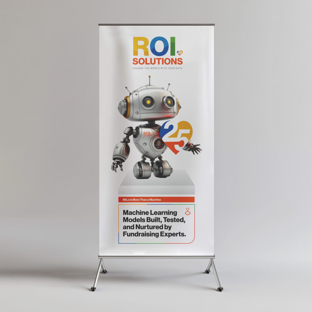 Retractable banner with the MiLo robot beside the segmented 25 mark above the machine learning models message.