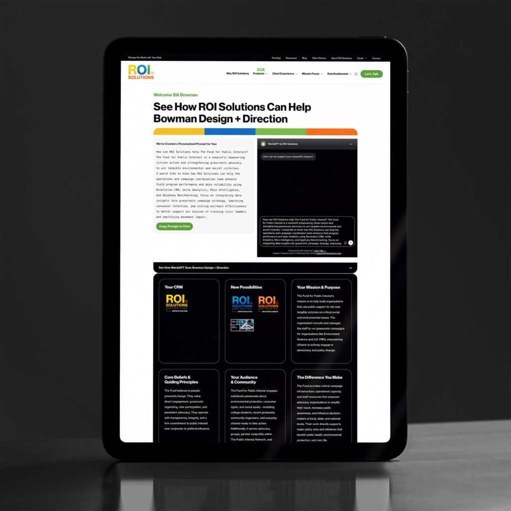 Tablet showing the landing page personalized for Bowman Design Direction, a MariaGPT prompt beside mission and audience panels.