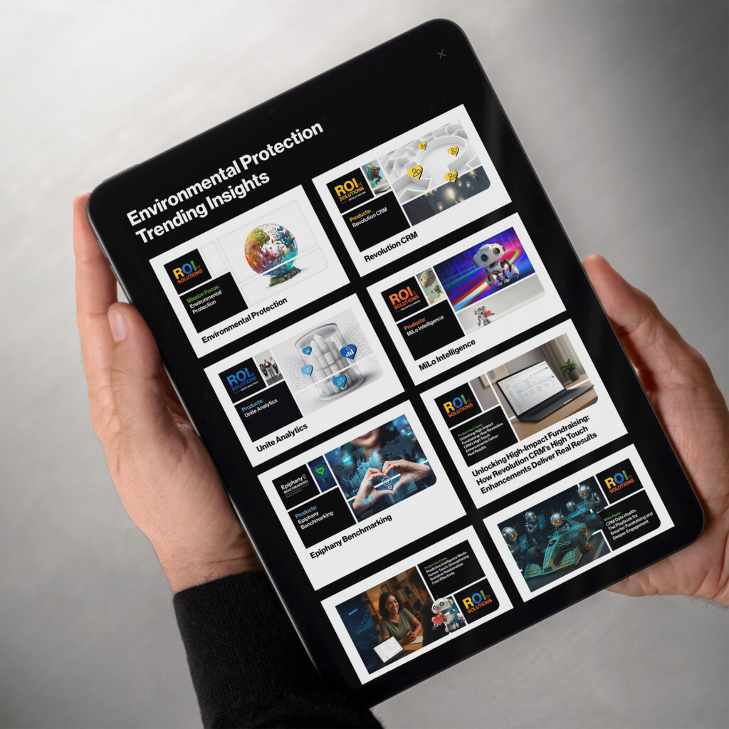 Hands hold a tablet of environmental protection trending insights, product feature cards tiled down the dark page.