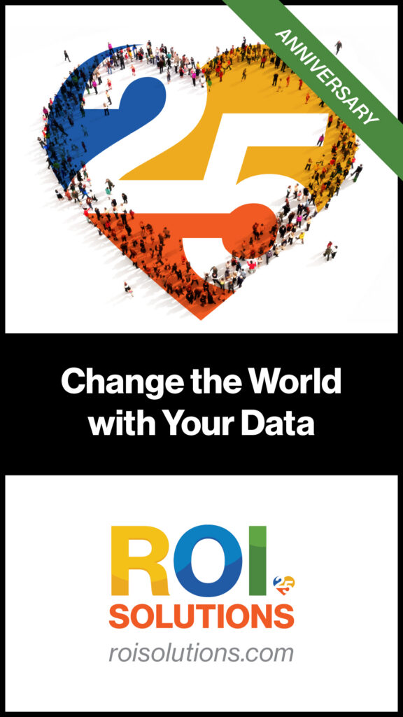 Tall anniversary ad stacking the crowd-formed 25 heart over a black Change the World with Your Data band.
