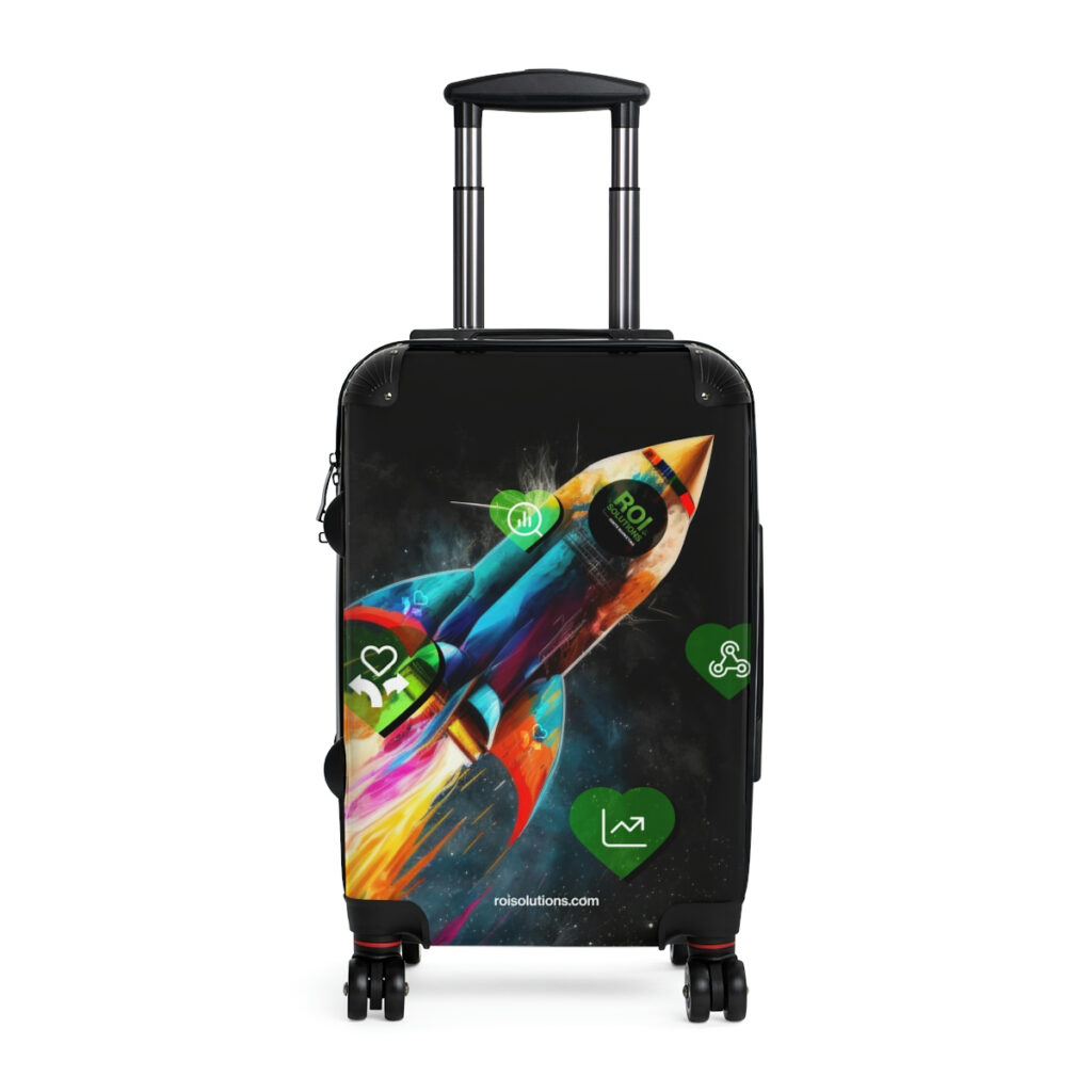 Black carry-on spinner wrapped with the painted rocket streaking upward between green heart icons on the shell.