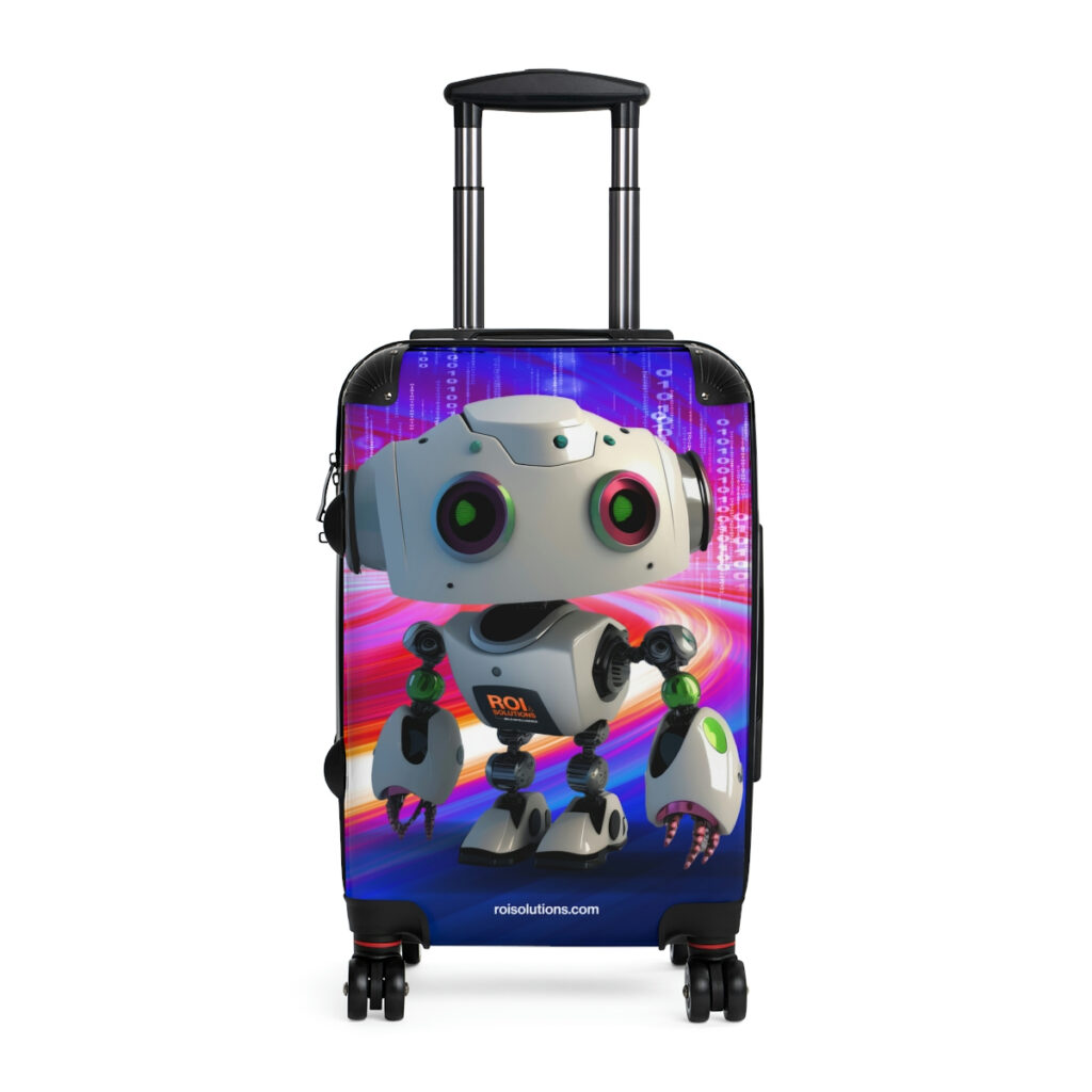 Carry-on spinner wrapped with the MiLo robot against streaking light trails, the site line at its feet.