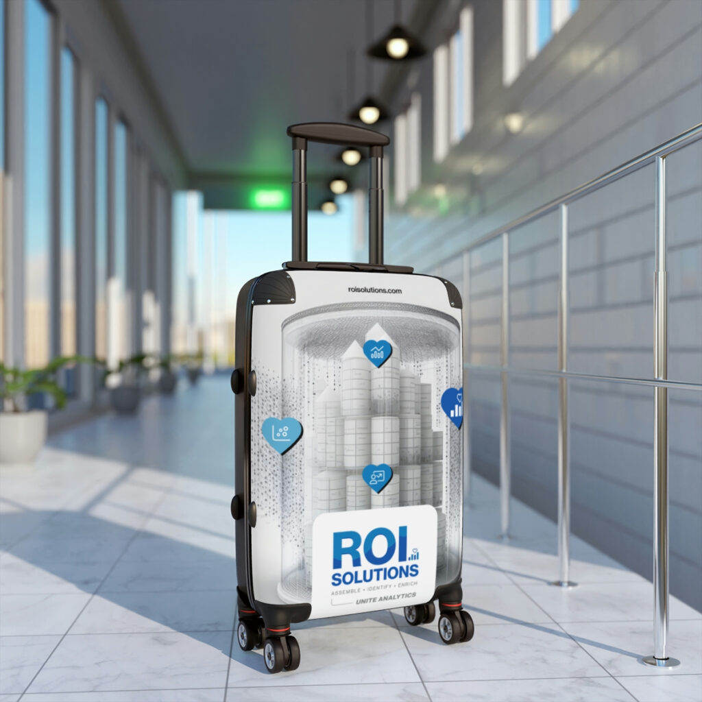 Unite Analytics checked spinner standing in the airport corridor, the data city wrap facing out.