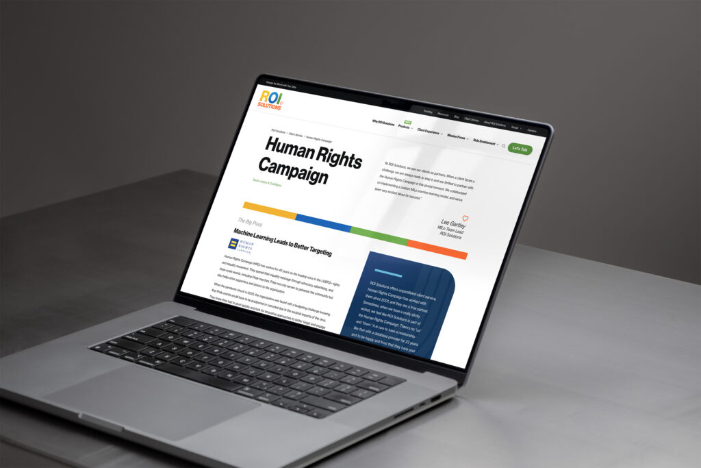 Laptop showing the Human Rights Campaign client story with quote panel, color divider, and machine learning article below.