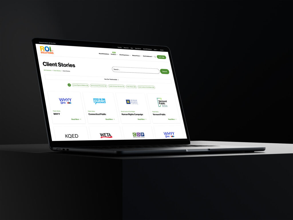 Laptop showing the Client Stories index, logo cards for WHYY, Connecticut Public, Human Rights Campaign, and Vermont Public.