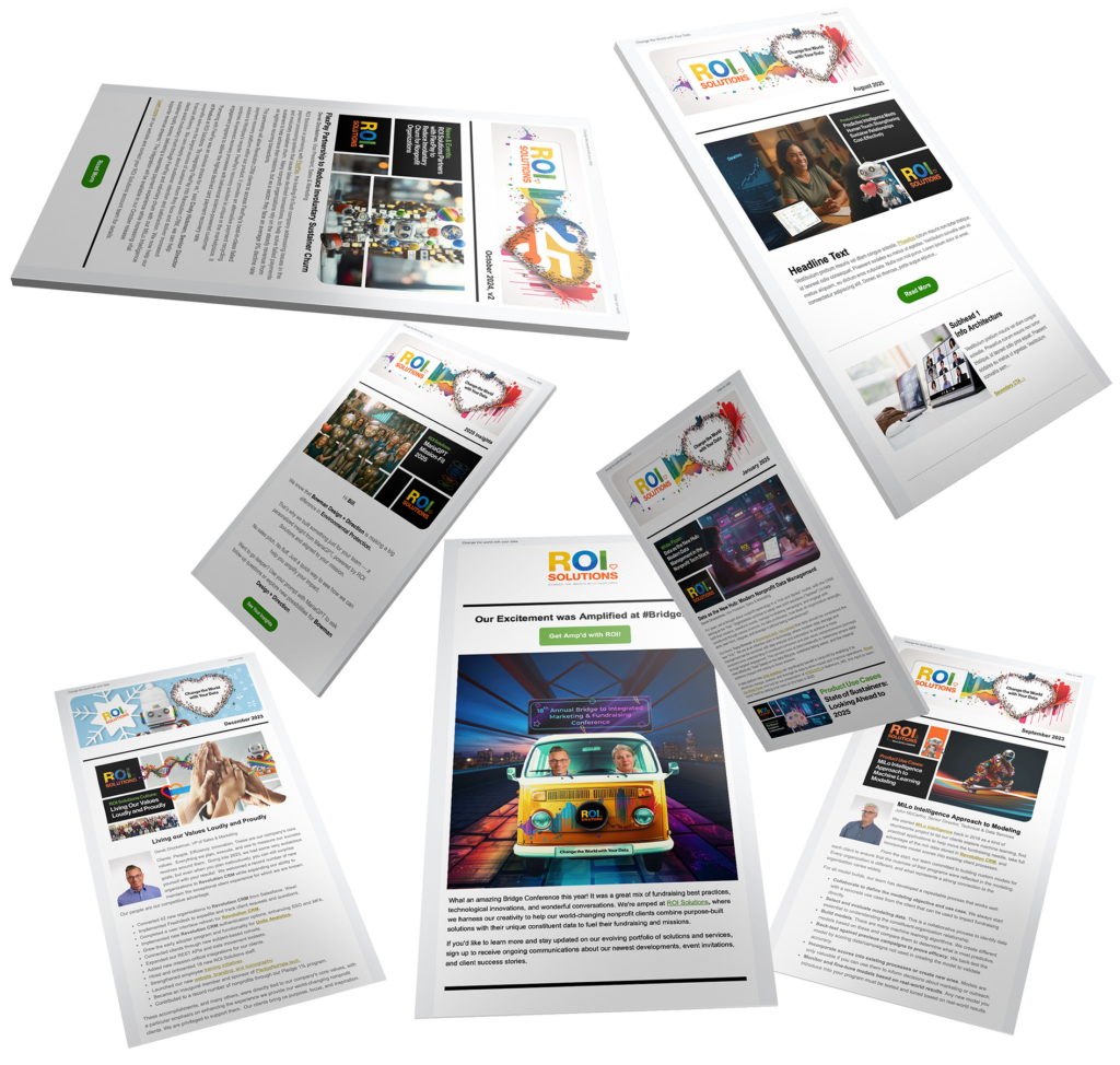 Scatter of newsletter templates fanned in space, branded headers and feature blocks varying across the persona editions.