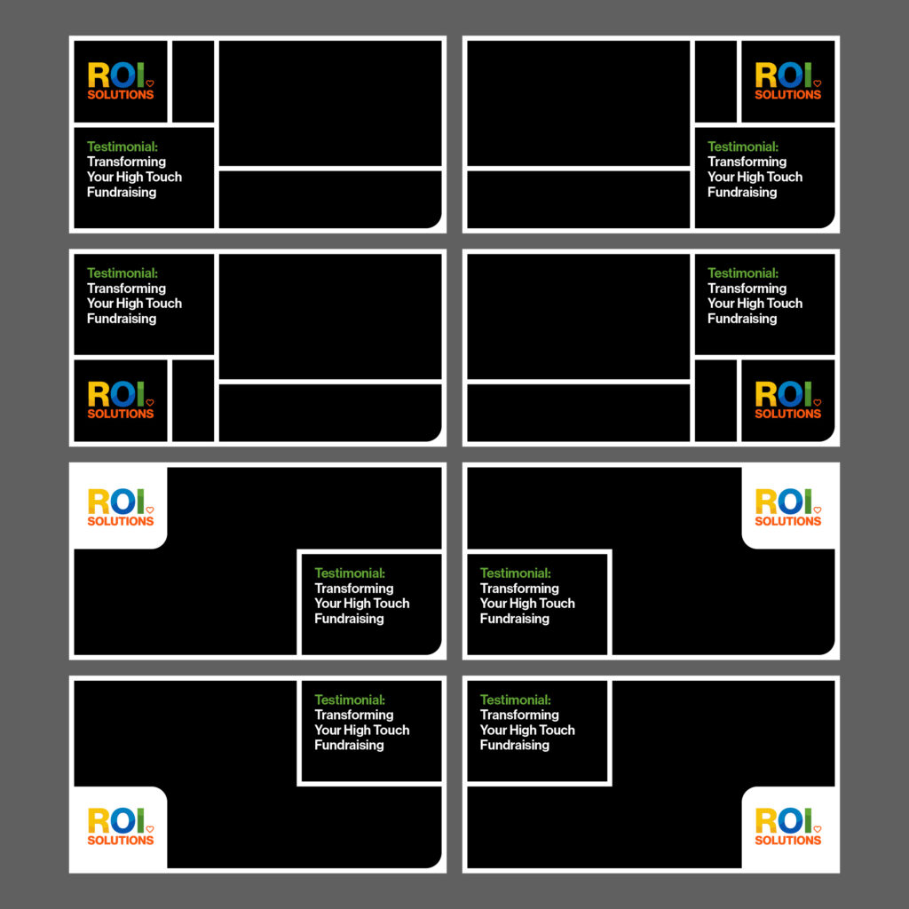 Eight black feature card layouts arranged in a grid, logo and testimonial panels shifting position across each variant.