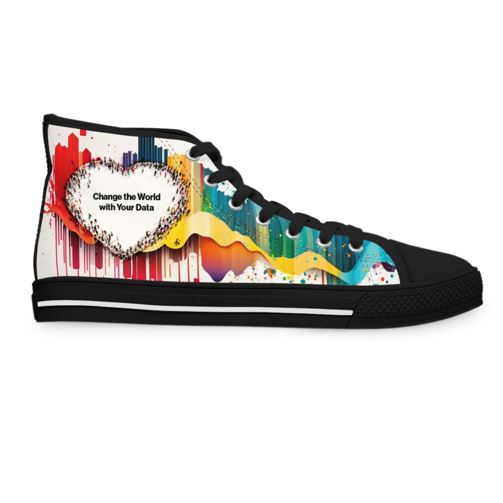 Black-soled canvas high-top in profile, the crowd heart and brand promise printed over rainbow paint streaks.
