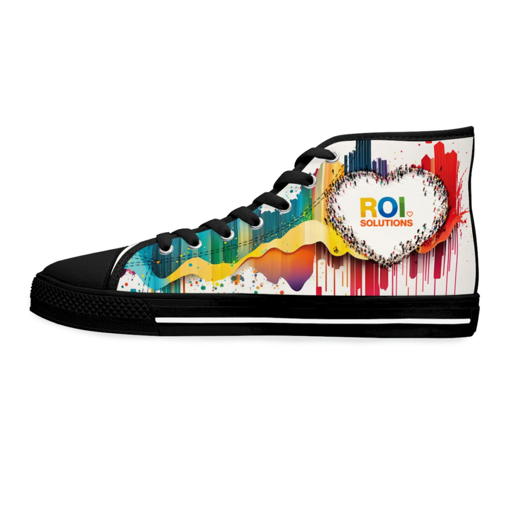 Inner profile of the black-soled high-top, the crowd heart framing the multicolor logo on the heel panel.